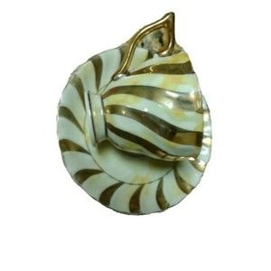 Small Porcelain lusterware Teacup and Saucer Set, Stripes Design Gold and White